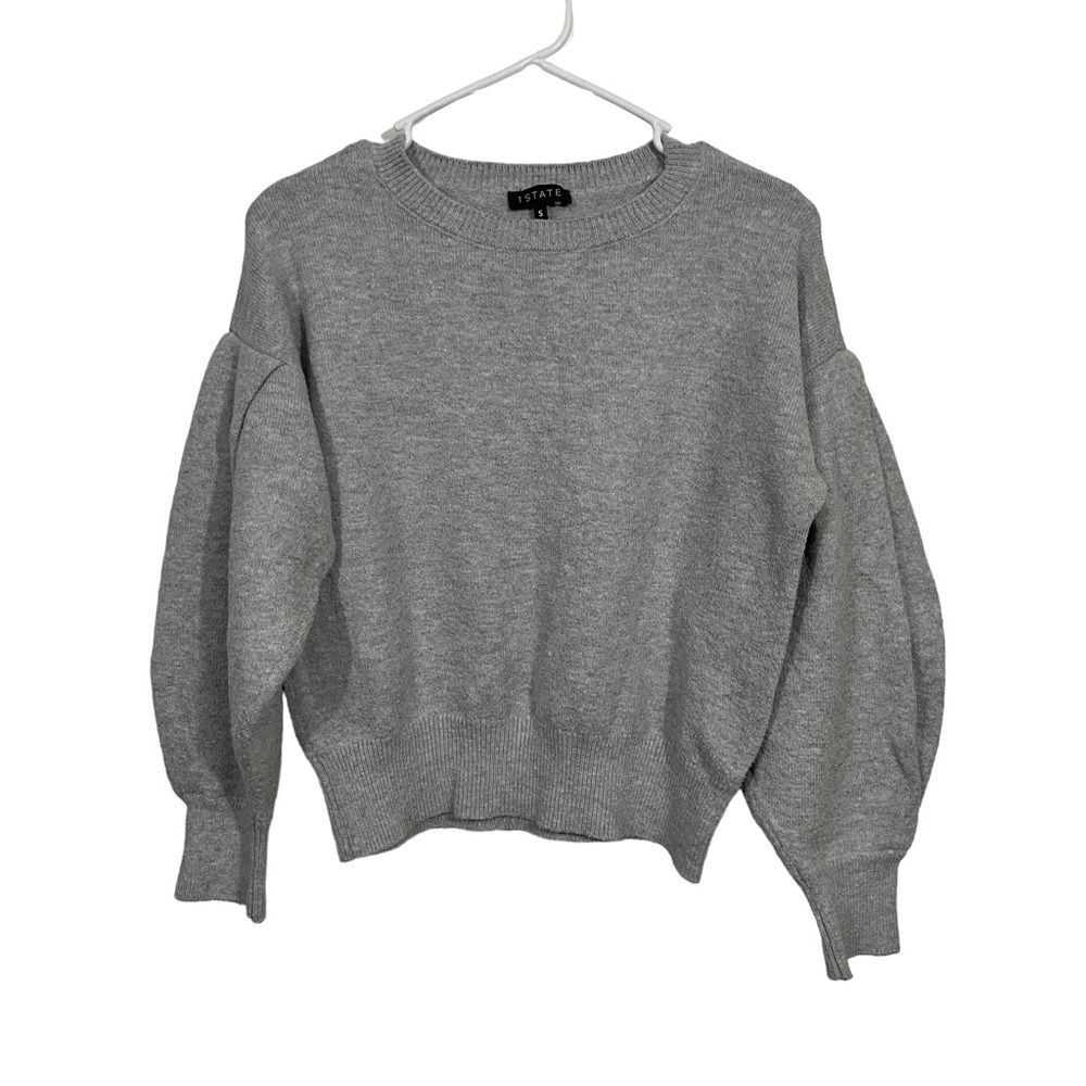 1. State Grey Cropped Balloon Sleeve Crewneck Sweater